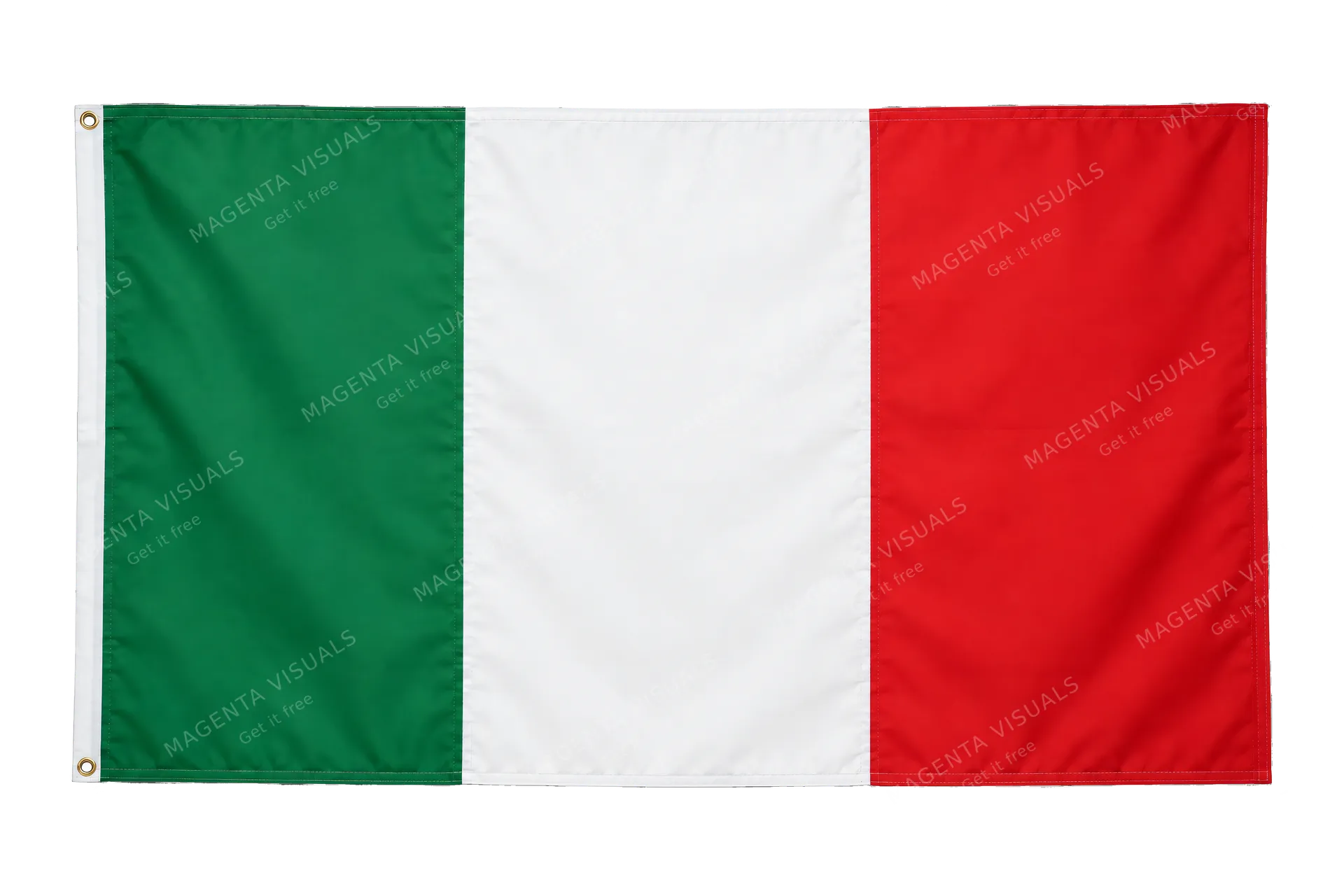 4K transparent cutout of product photography of a single official national flag of Italy, isolated object, entire flag visible, centered in frame, correct colors and emblem, hanging as a flat rectangular…
