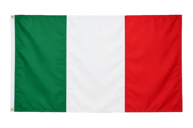 4K transparent cutout of product photography of a single official national flag of Italy, isolated object, entire flag visible, centered in frame, correct colors and emblem, hanging as a flat rectangular…