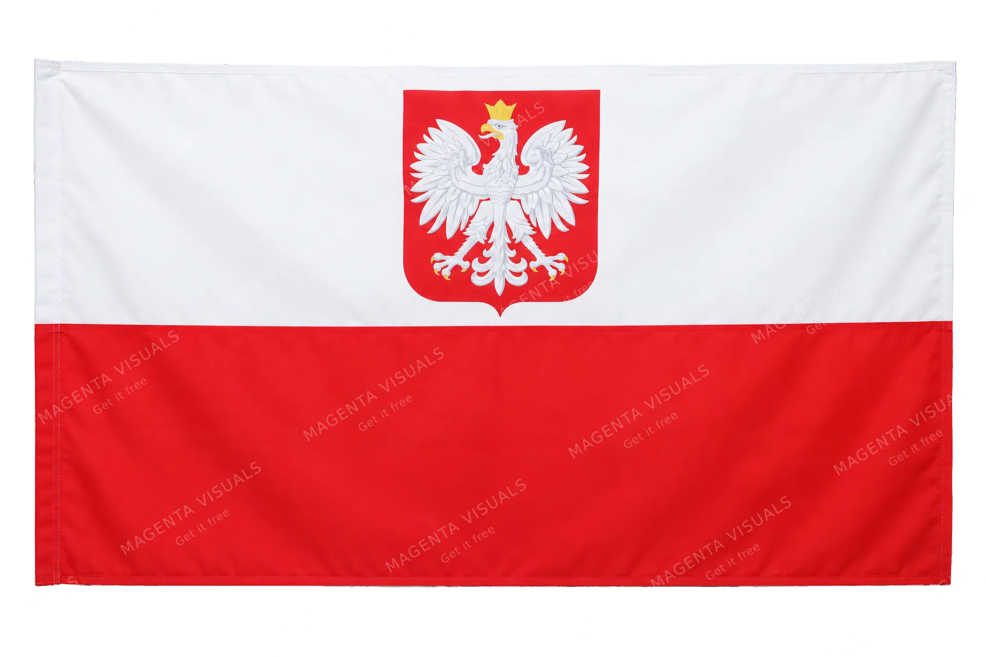 4K transparent cutout of product photography of a single official national flag of Poland, isolated object, entire flag visible, centered in frame, correct colors and emblem, hanging as a flat rectangular…