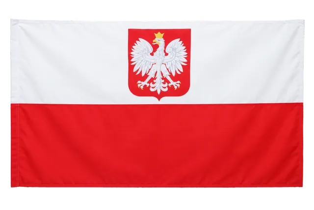4K transparent cutout of product photography of a single official national flag of Poland, isolated object, entire flag visible, centered in frame, correct colors and emblem, hanging as a flat rectangular…