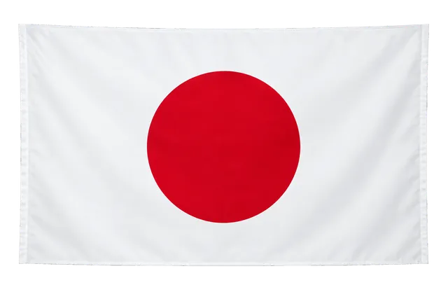 4K transparent cutout of product photography of a single official national flag of Japan, isolated object, entire flag visible, centered in frame, correct colors and emblem, hanging as a flat rectangular…