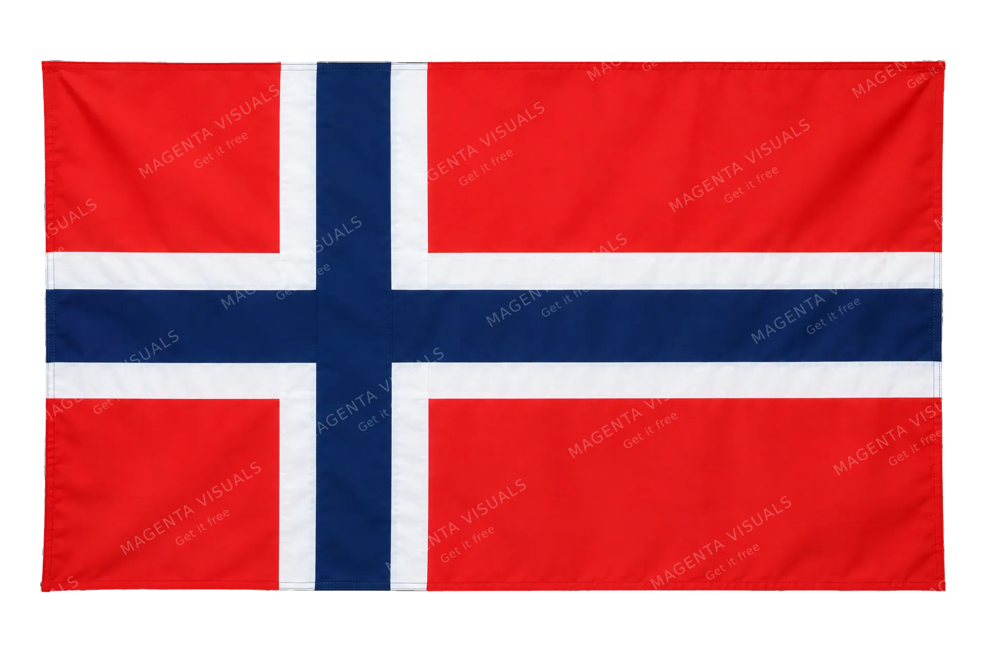 4K transparent cutout of product photography of a single official national flag of Norway, isolated object, entire flag visible, centered in frame, correct colors and emblem, hanging as a flat rectangular…