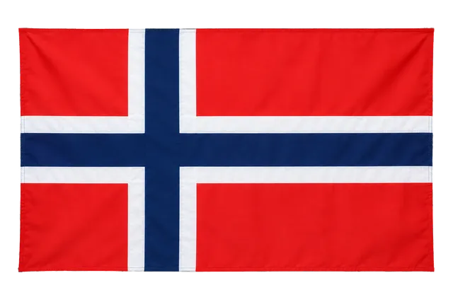 4K transparent cutout of product photography of a single official national flag of Norway, isolated object, entire flag visible, centered in frame, correct colors and emblem, hanging as a flat rectangular…