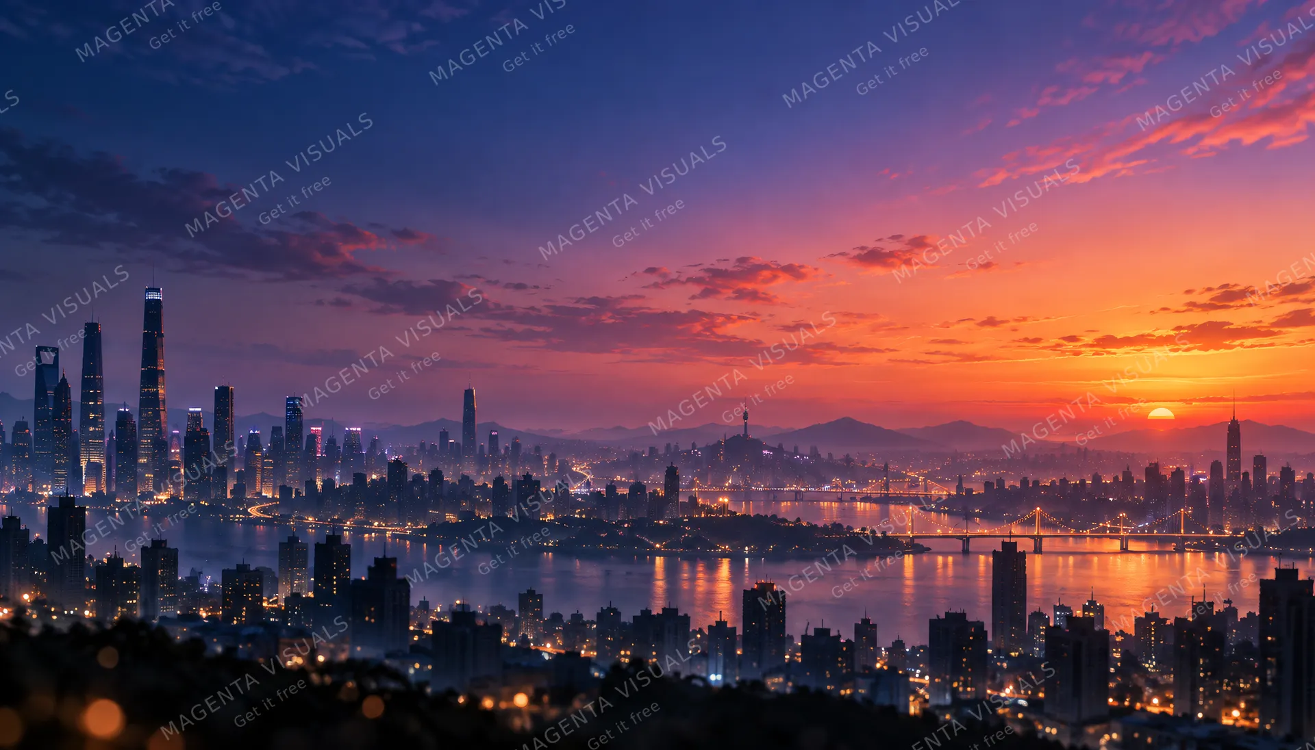 4K 16:9 widescreen background, desktop wallpaper or UI backdrop featuring a sprawling skyline silhouette at twilight, soft bokeh and subtle city lights dotting the architecture, cine…
