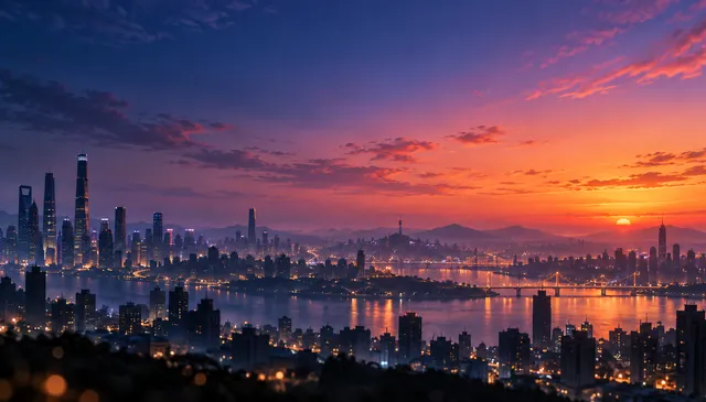 4K 16:9 widescreen background, desktop wallpaper or UI backdrop featuring a sprawling skyline silhouette at twilight, soft bokeh and subtle city lights dotting the architecture, cine…