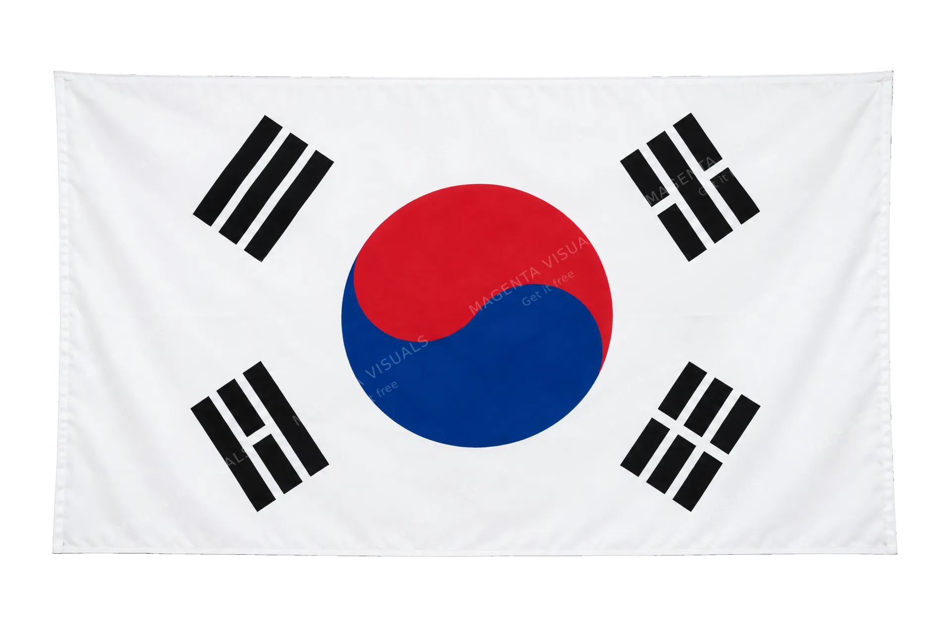4K transparent cutout of product photography of a single official national flag of South Korea, isolated object, entire flag visible, centered in frame, correct colors and emblem, hanging as a flat rectan…