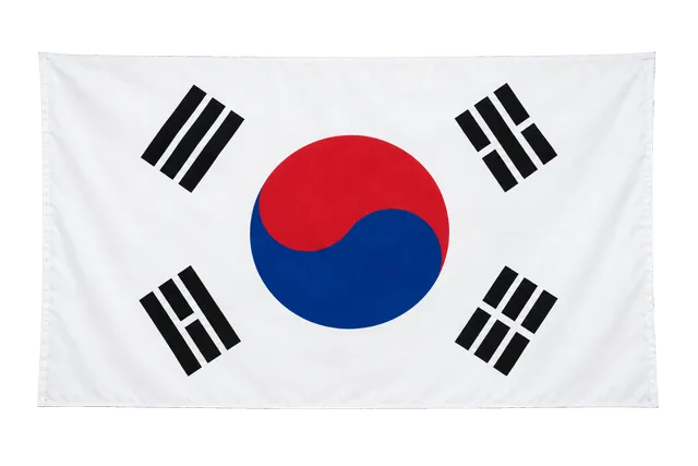 4K transparent cutout of product photography of a single official national flag of South Korea, isolated object, entire flag visible, centered in frame, correct colors and emblem, hanging as a flat rectan…