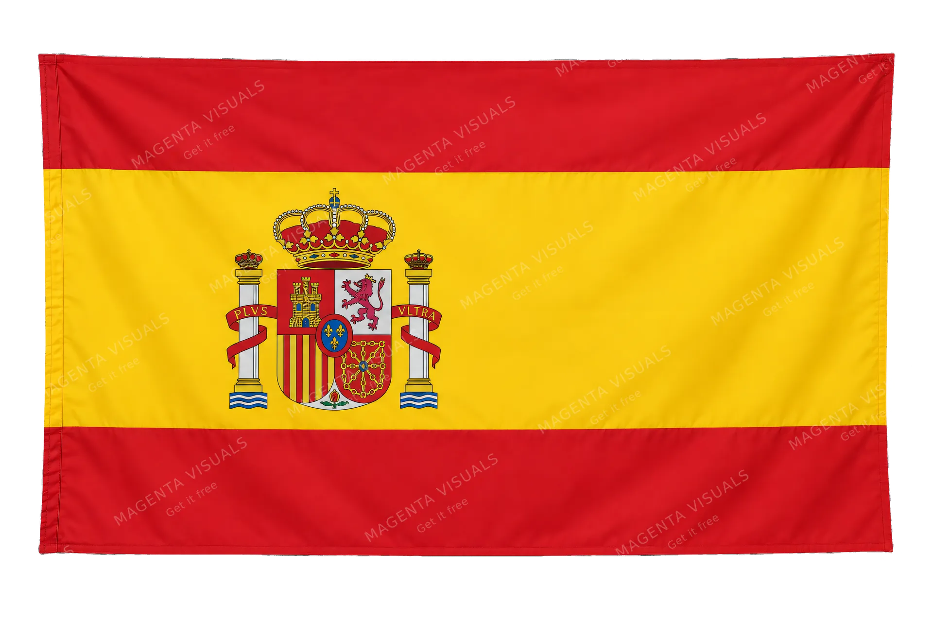 4K transparent cutout of product photography of a single official national flag of Spain, isolated object, entire flag visible, centered in frame, correct colors and emblem, hanging as a flat rectangular…