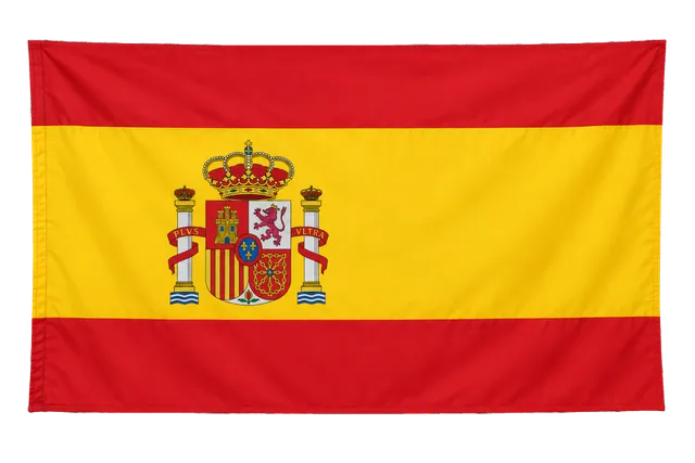 4K transparent cutout of product photography of a single official national flag of Spain, isolated object, entire flag visible, centered in frame, correct colors and emblem, hanging as a flat rectangular…