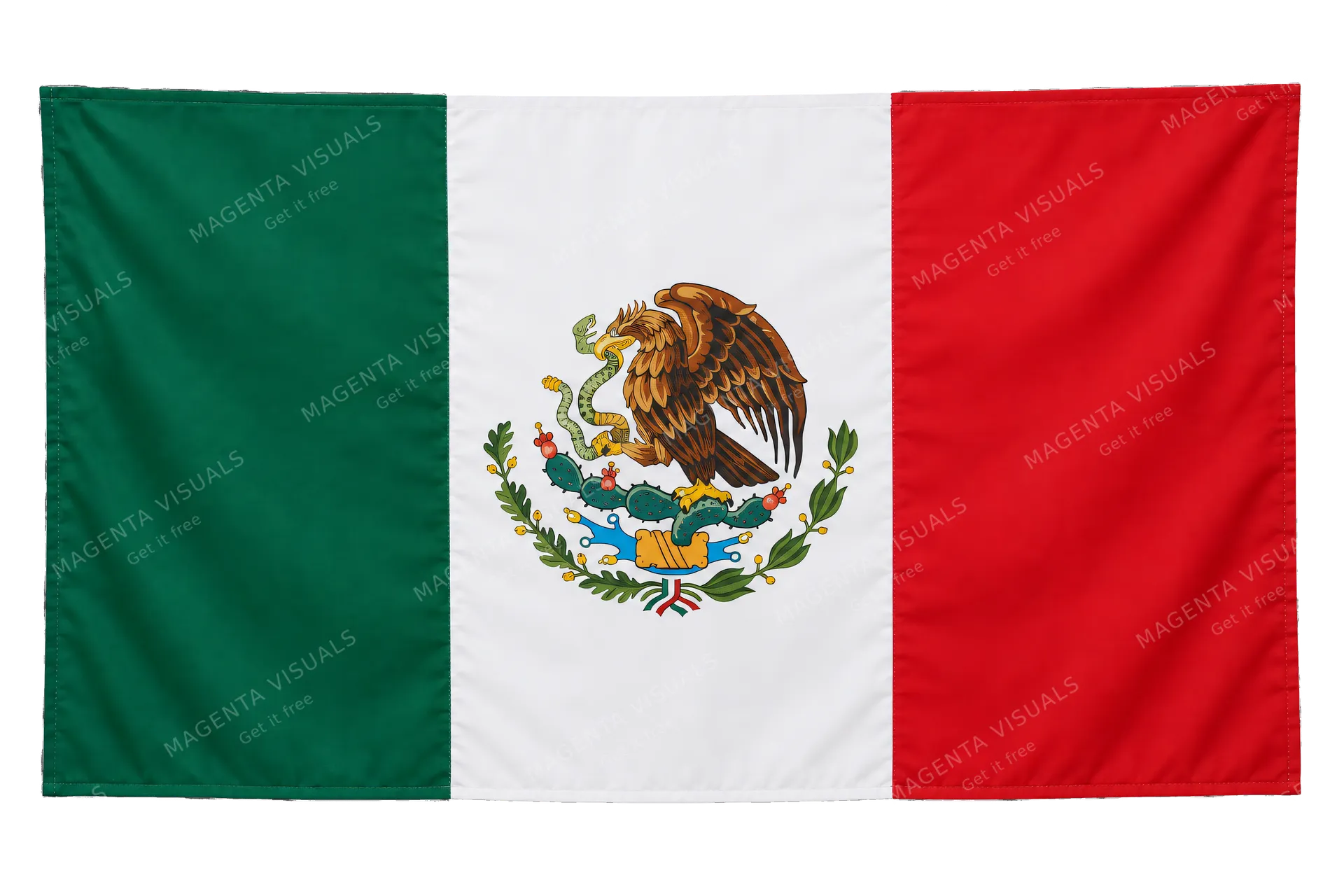 4K transparent cutout of product photography of a single official national flag of Mexico, isolated object, entire flag visible, centered in frame, correct colors and emblem, hanging as a flat rectangular…