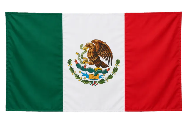 4K transparent cutout of product photography of a single official national flag of Mexico, isolated object, entire flag visible, centered in frame, correct colors and emblem, hanging as a flat rectangular…