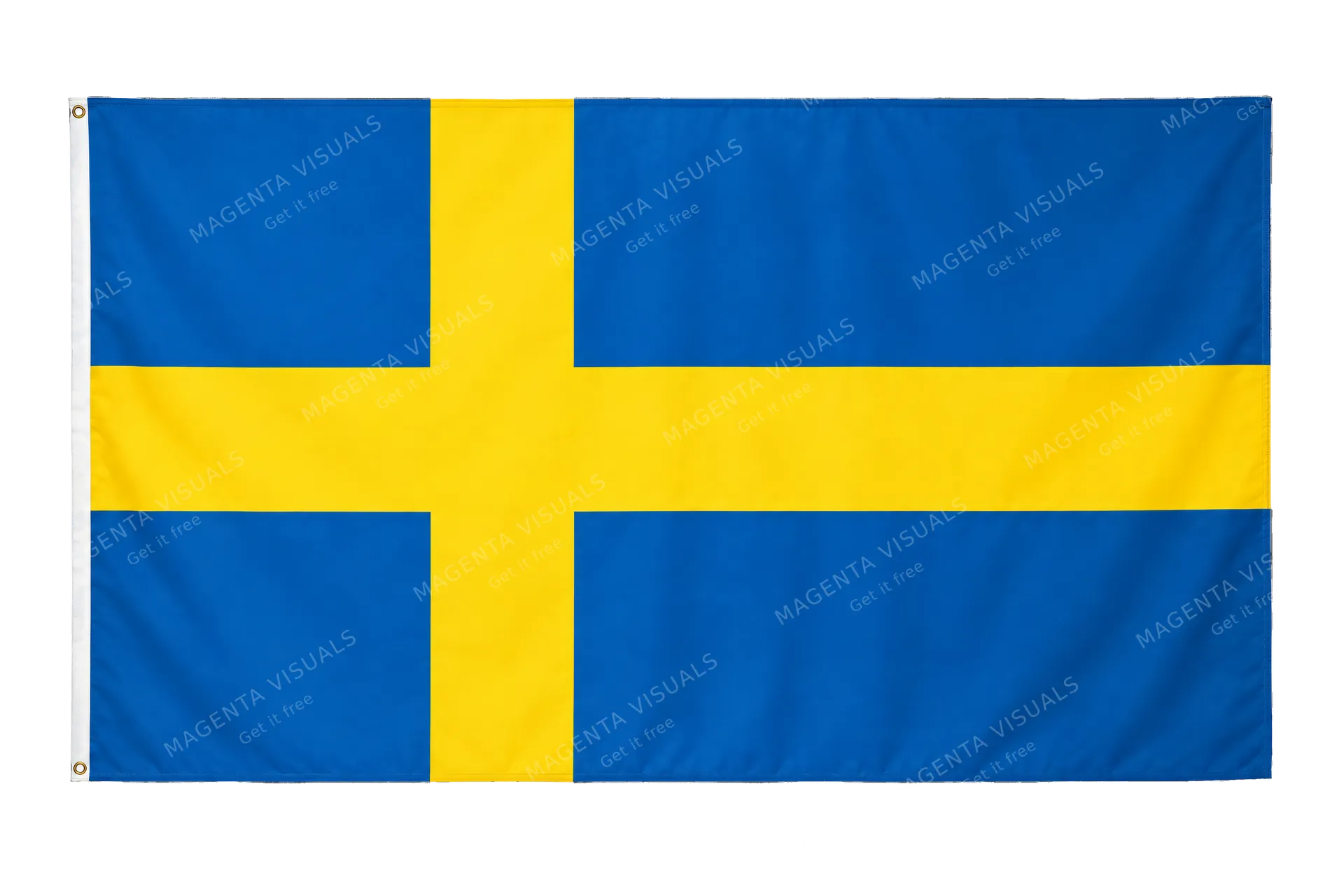 4K transparent cutout of product photography of a single official national flag of Sweden, isolated object, entire flag visible, centered in frame, correct colors and emblem, hanging as a flat rectangular…