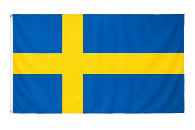 4K transparent cutout of product photography of a single official national flag of Sweden, isolated object, entire flag visible, centered in frame, correct colors and emblem, hanging as a flat rectangular…