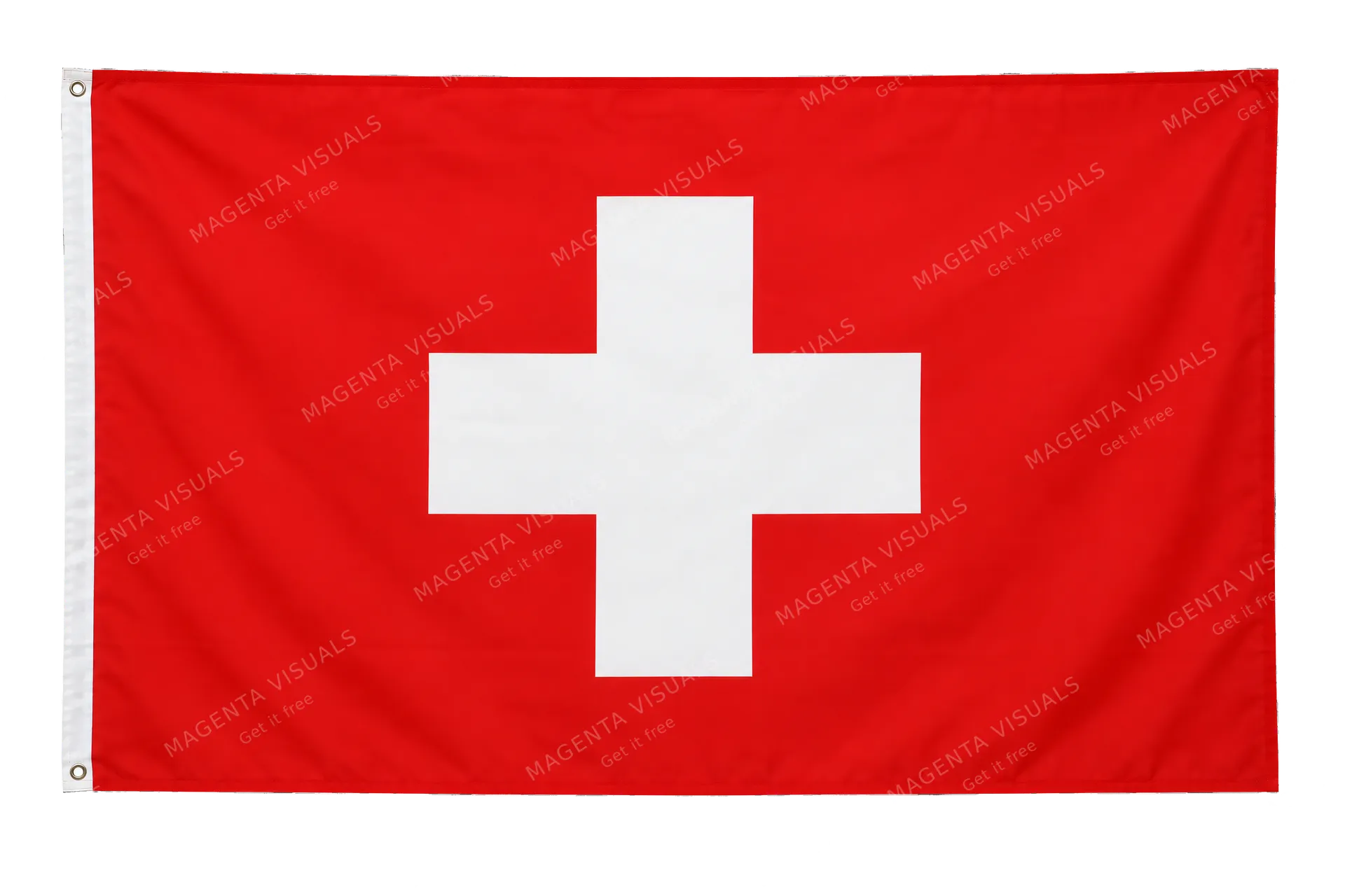 4K transparent cutout of product photography of a single official national flag of Switzerland, isolated object, entire flag visible, centered in frame, correct colors and emblem, hanging as a flat rectan…