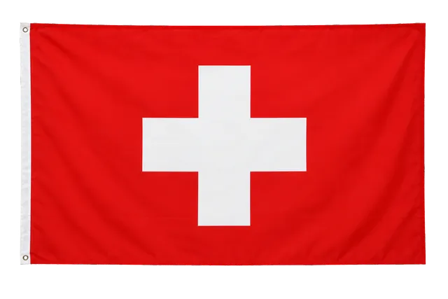 4K transparent cutout of product photography of a single official national flag of Switzerland, isolated object, entire flag visible, centered in frame, correct colors and emblem, hanging as a flat rectan…