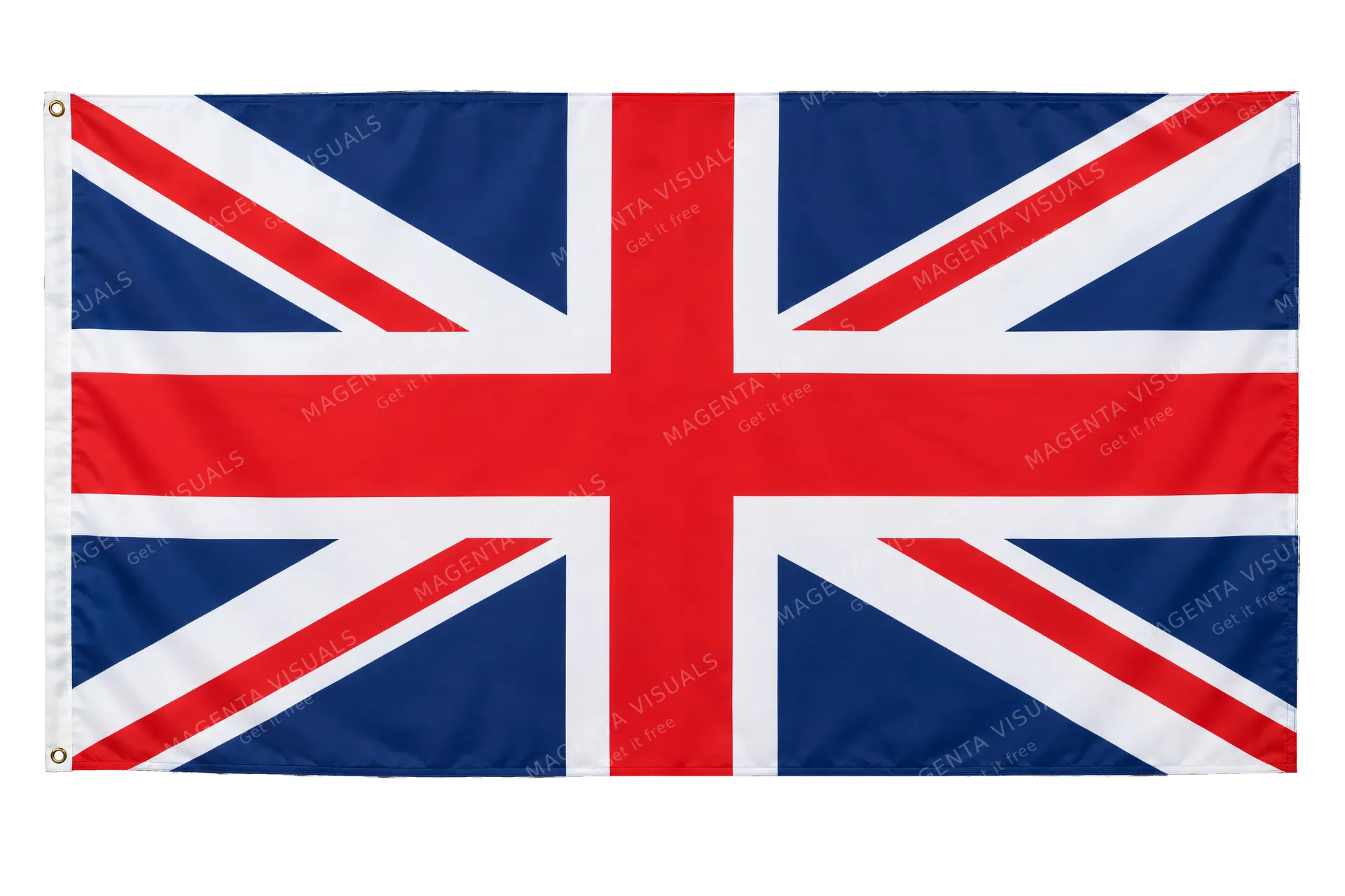 4K transparent cutout of product photography of a single official national flag of United Kingdom, isolated object, entire flag visible, centered in frame, correct colors and emblem, hanging as a flat rec…