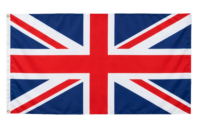 4K transparent cutout of product photography of a single official national flag of United Kingdom, isolated object, entire flag visible, centered in frame, correct colors and emblem, hanging as a flat rec…