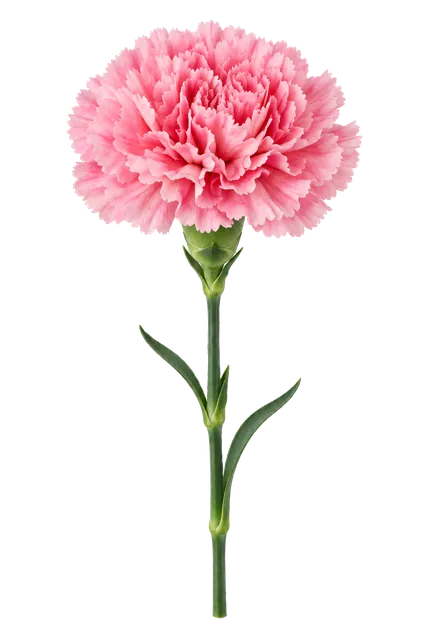4K transparent cutout of product photography of a single pink carnation in full bloom with ruffled petals and a green stem, isolated object, entire subject visible, centered in frame, pure white backgroun…