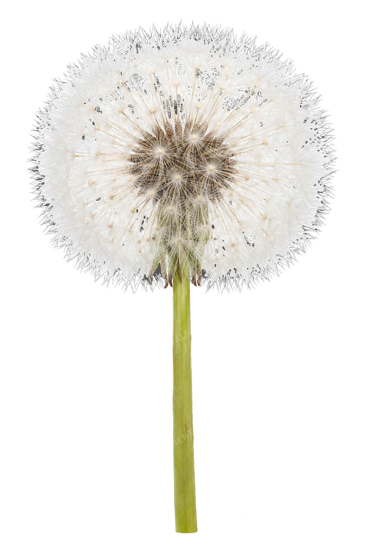 4K transparent cutout of product photography of a single fluffy white dandelion seed head with delicate pappus parachute seeds, isolated object, entire subject visible, centered in frame, pure white backg…