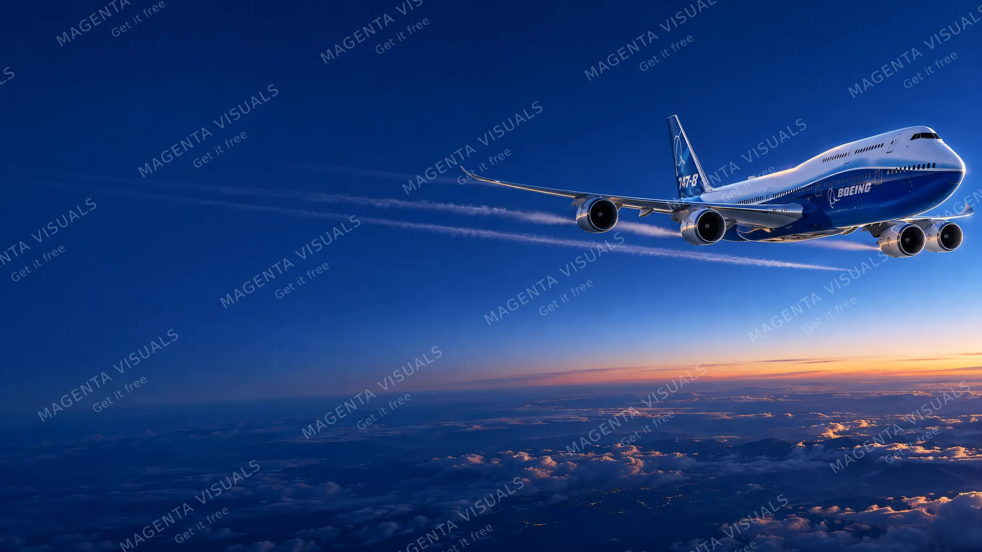4K wallpaper of A magnificent Boeing 747-8 Intercontinental soaring in a high-altitude blue-hour stratospheric cruise, positioned entirely on the right side of the frame to reveal its iconic exte…