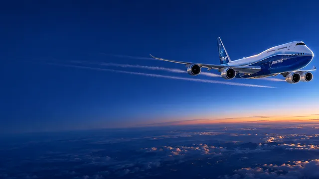 4K wallpaper of A magnificent Boeing 747-8 Intercontinental soaring in a high-altitude blue-hour stratospheric cruise, positioned entirely on the right side of the frame to reveal its iconic exte…