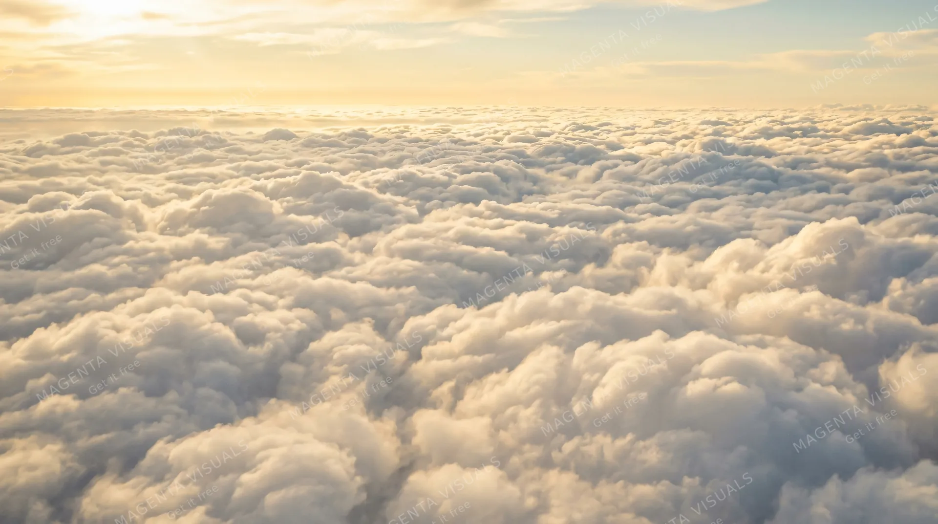 4K 16:9 widescreen background, desktop wallpaper or UI backdrop featuring a full-bleed atmosphere of a rolling cumulus and stratocumulus cloudscape seen from above, soft golden sunli…