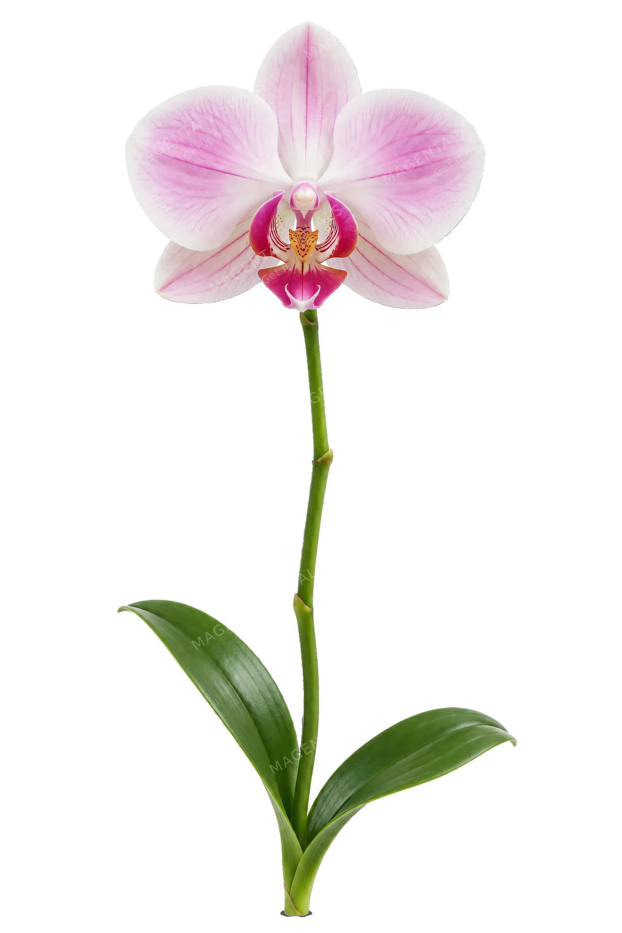 4K transparent cutout of product photography of a single delicate blooming orchid with elegant pink and white petals and a slender green stem, isolated object, entire subject visible, centered in frame, p…