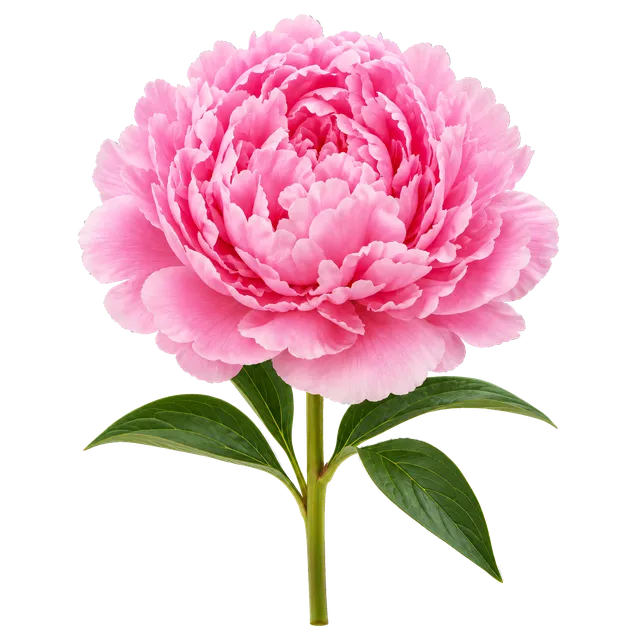 4K transparent cutout of product photography of a single lush, ruffled pink peony in full bloom with delicate layered petals and fresh green leaves at the base, isolated object, entire subject visible, ce…