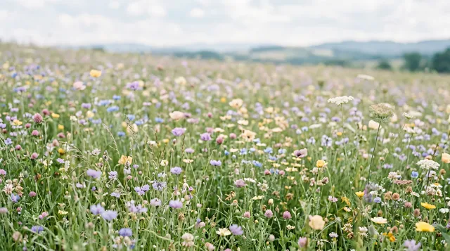 4K 16:9 widescreen background, desktop wallpaper or UI backdrop, field of wildflowers receding into soft focus or a gentle floral pattern wallpaper, subtle pastel hues, airy botanica…