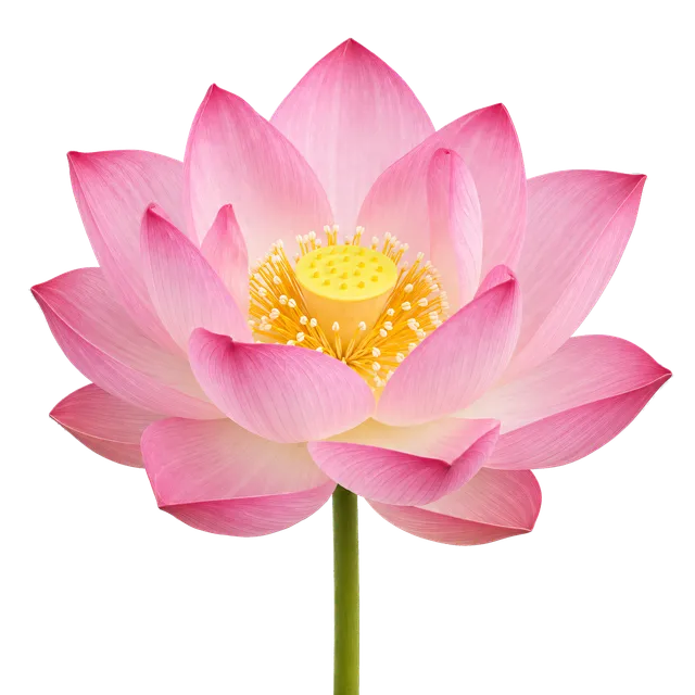 4K transparent cutout of product photography of a single beautiful pink lotus flower with layered delicate petals and a yellow center receptacle, isolated object, entire subject visible, centered in frame…