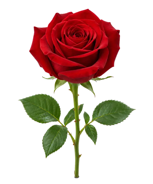 4K transparent cutout of product photography of a single deep red rose blossom in full bloom with velvety petals on a short green stem with a few leaves, isolated object, entire subject visible, centered…