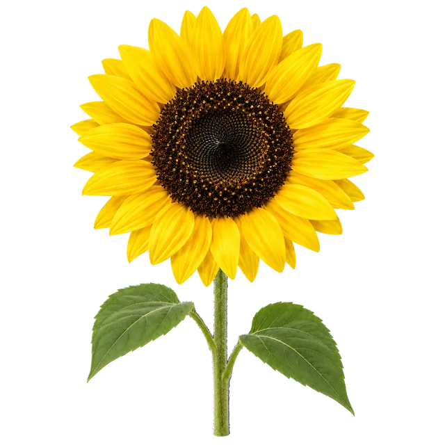 4K transparent cutout of product photography of a single vibrant yellow sunflower with a dark brown textured center, isolated object, entire subject visible, centered in frame, pure white background, seam…