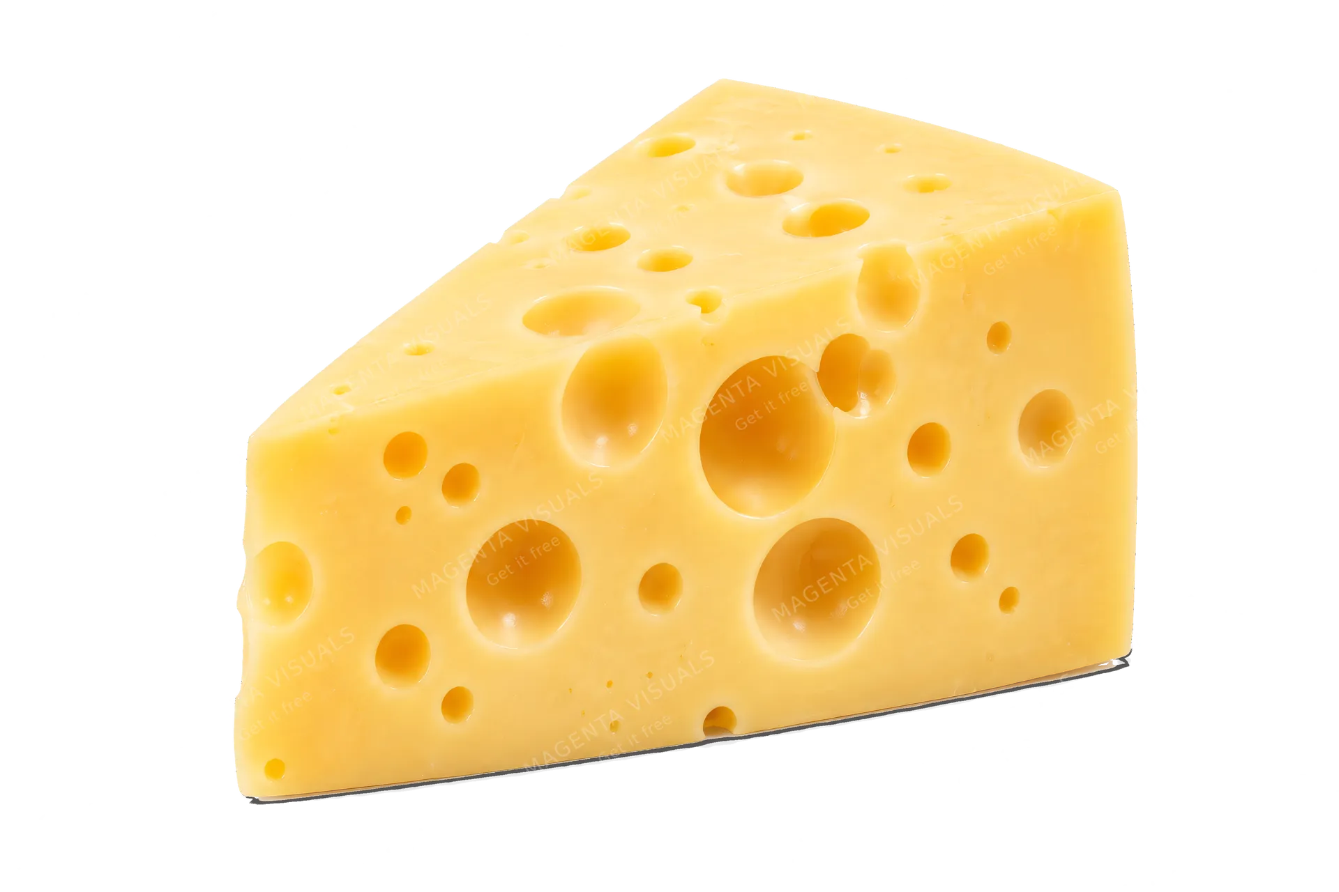 4K transparent cutout of product photography of a single wedge of yellow Swiss cheese with holes showing detailed porous texture, isolated object, entire subject visible, centered in frame, pure white bac…