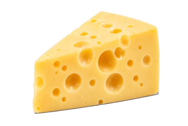 4K transparent cutout of product photography of a single wedge of yellow Swiss cheese with holes showing detailed porous texture, isolated object, entire subject visible, centered in frame, pure white bac…