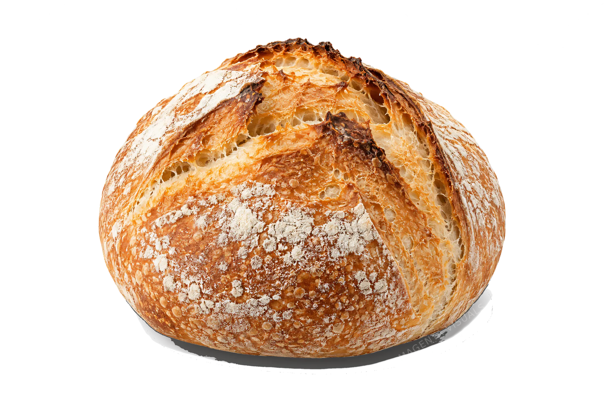 4K transparent cutout of product photography of a single loaf of crusty artisan bread, isolated object, entire subject visible, centered in frame, pure white background, seamless white backdrop, high key…