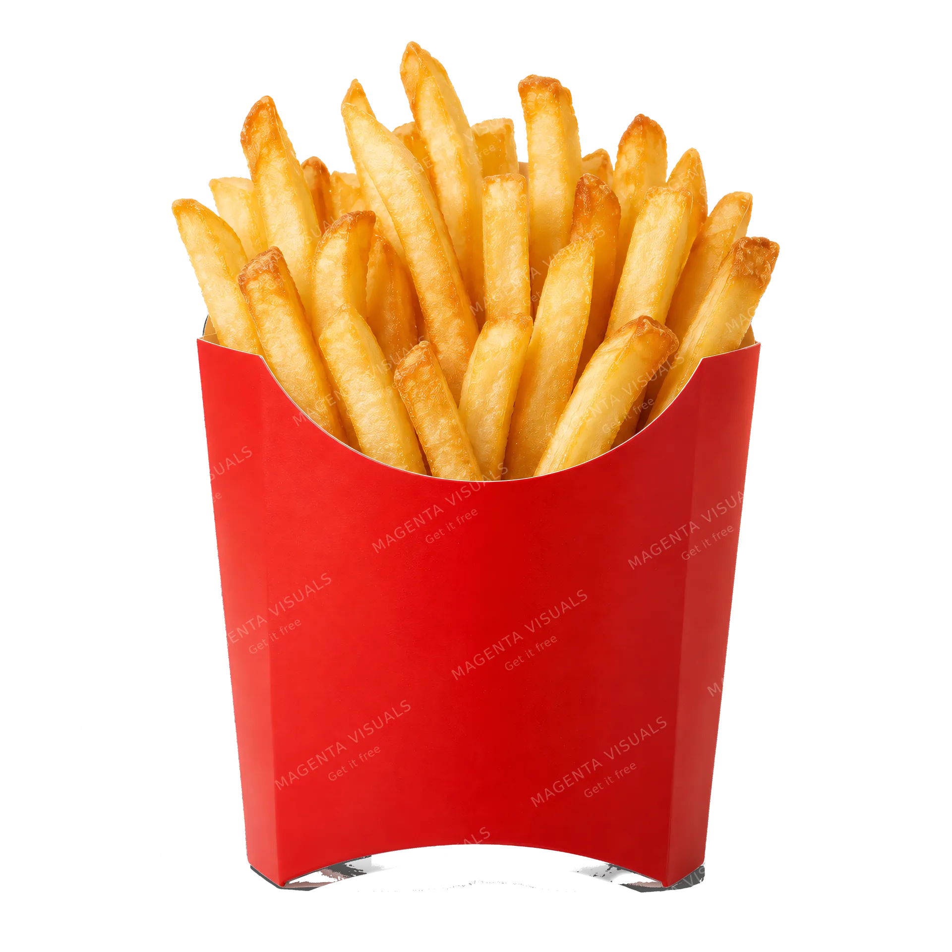 4K transparent cutout of product photography of a single serving of golden brown, crispy french fries in a classic red paper carton, isolated object, entire subject visible, centered in frame, pure white…