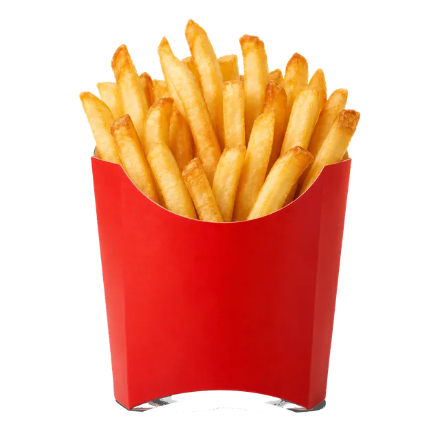 4K transparent cutout of product photography of a single serving of golden brown, crispy french fries in a classic red paper carton, isolated object, entire subject visible, centered in frame, pure white…