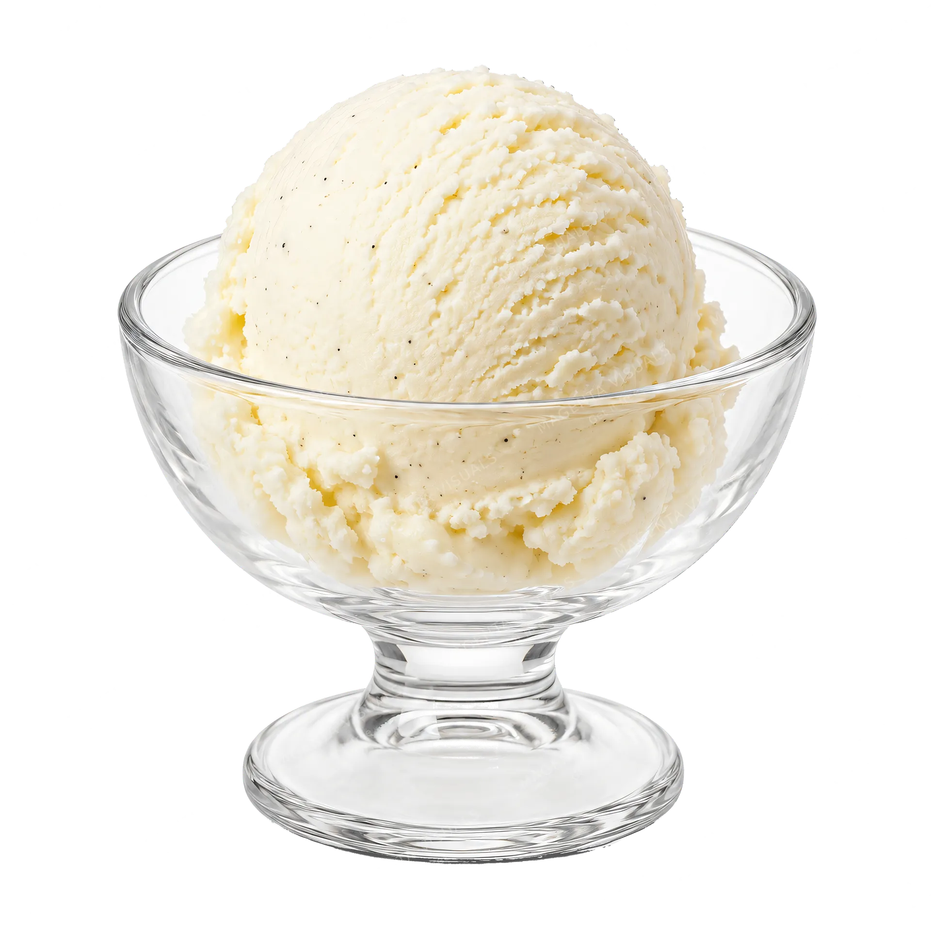 4K transparent cutout of product photography of a single scoop of vanilla ice cream in a simple clear glass dessert bowl, isolated object, entire subject visible, centered in frame, pure white background,…