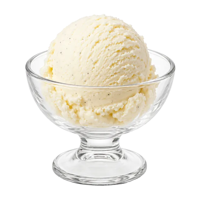 4K transparent cutout of product photography of a single scoop of vanilla ice cream in a simple clear glass dessert bowl, isolated object, entire subject visible, centered in frame, pure white background,…