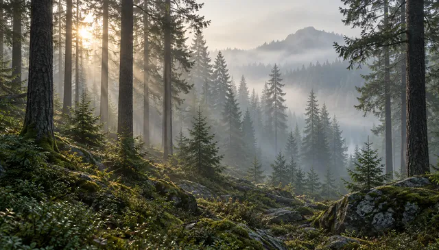 4K 16:9 widescreen background, desktop wallpaper or UI backdrop, misty pine forest in morning light, tall tree trunks receding into soft fog, tranquil woodland ambience, subdued tone…