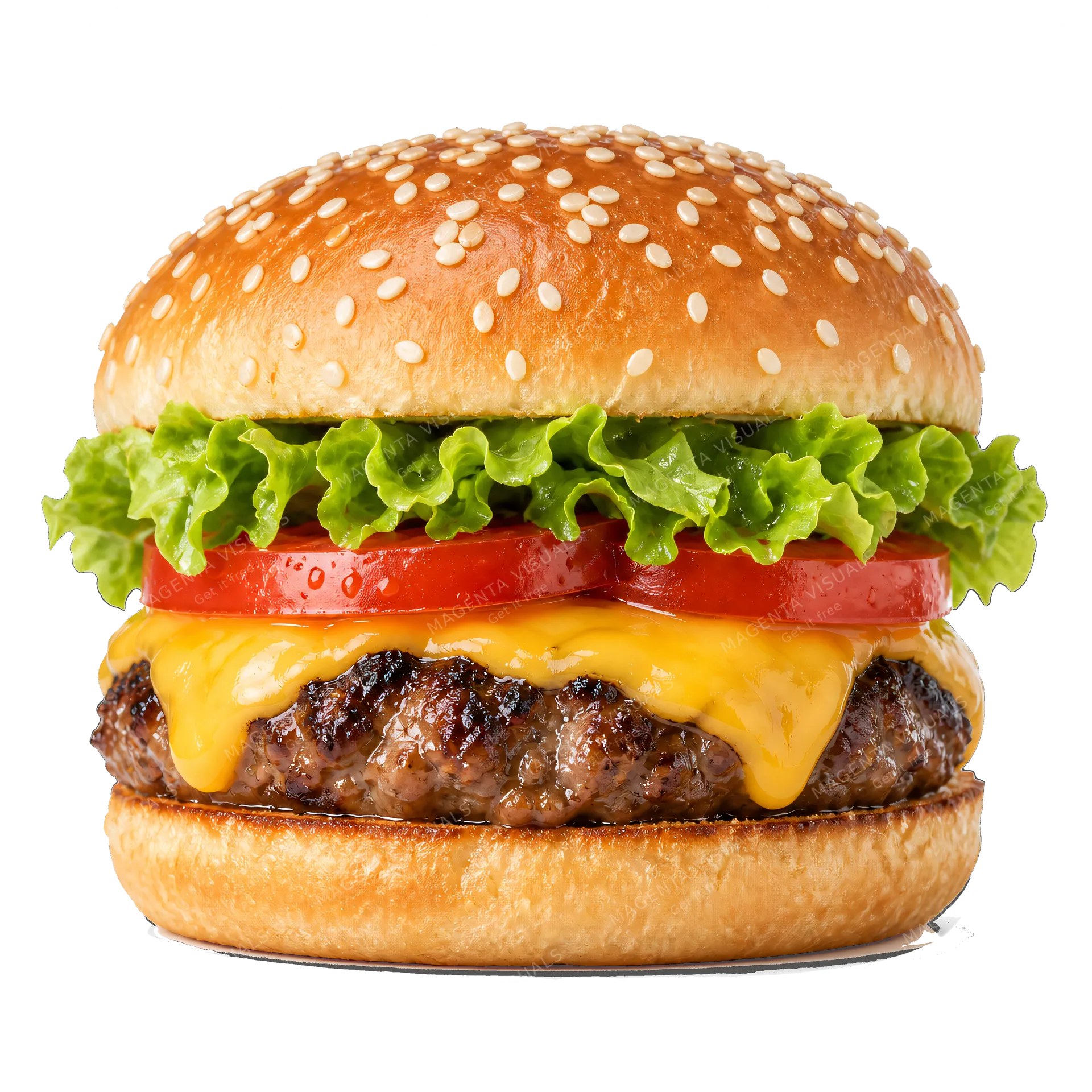 4K transparent cutout of product photography of a single thick, juicy cheeseburger with a sesame seed bun, crisp lettuce, ripe tomato, melted cheese, and a grilled beef patty, isolated object, entire subj…