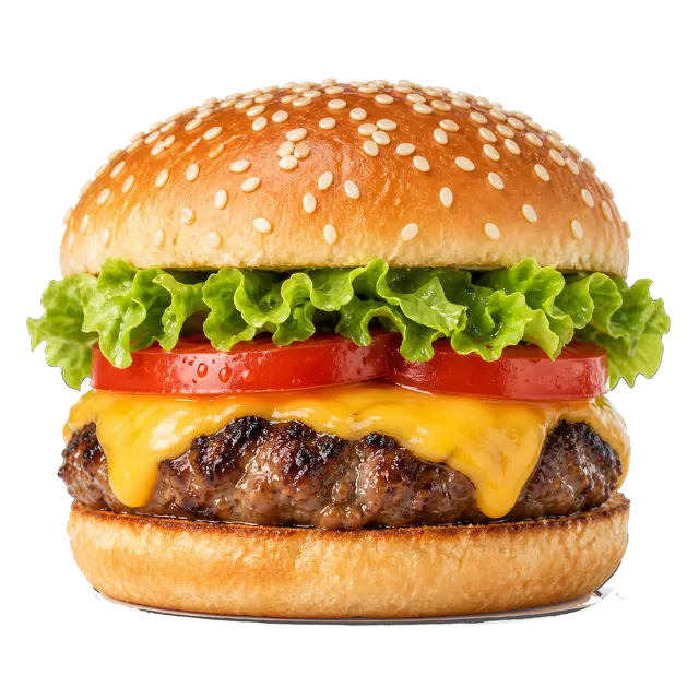 4K transparent cutout of product photography of a single thick, juicy cheeseburger with a sesame seed bun, crisp lettuce, ripe tomato, melted cheese, and a grilled beef patty, isolated object, entire subj…