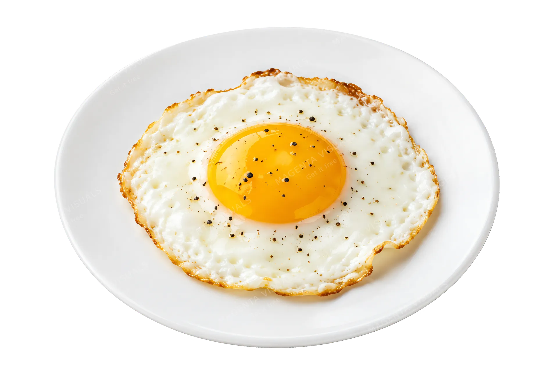 4K transparent cutout of product photography of a single plate of sunny-side-up fried eggs, isolated object, entire subject visible, centered in frame, pure white background, seamless white backdrop, high…