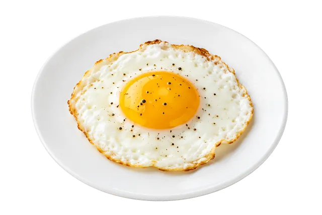 4K transparent cutout of product photography of a single plate of sunny-side-up fried eggs, isolated object, entire subject visible, centered in frame, pure white background, seamless white backdrop, high…