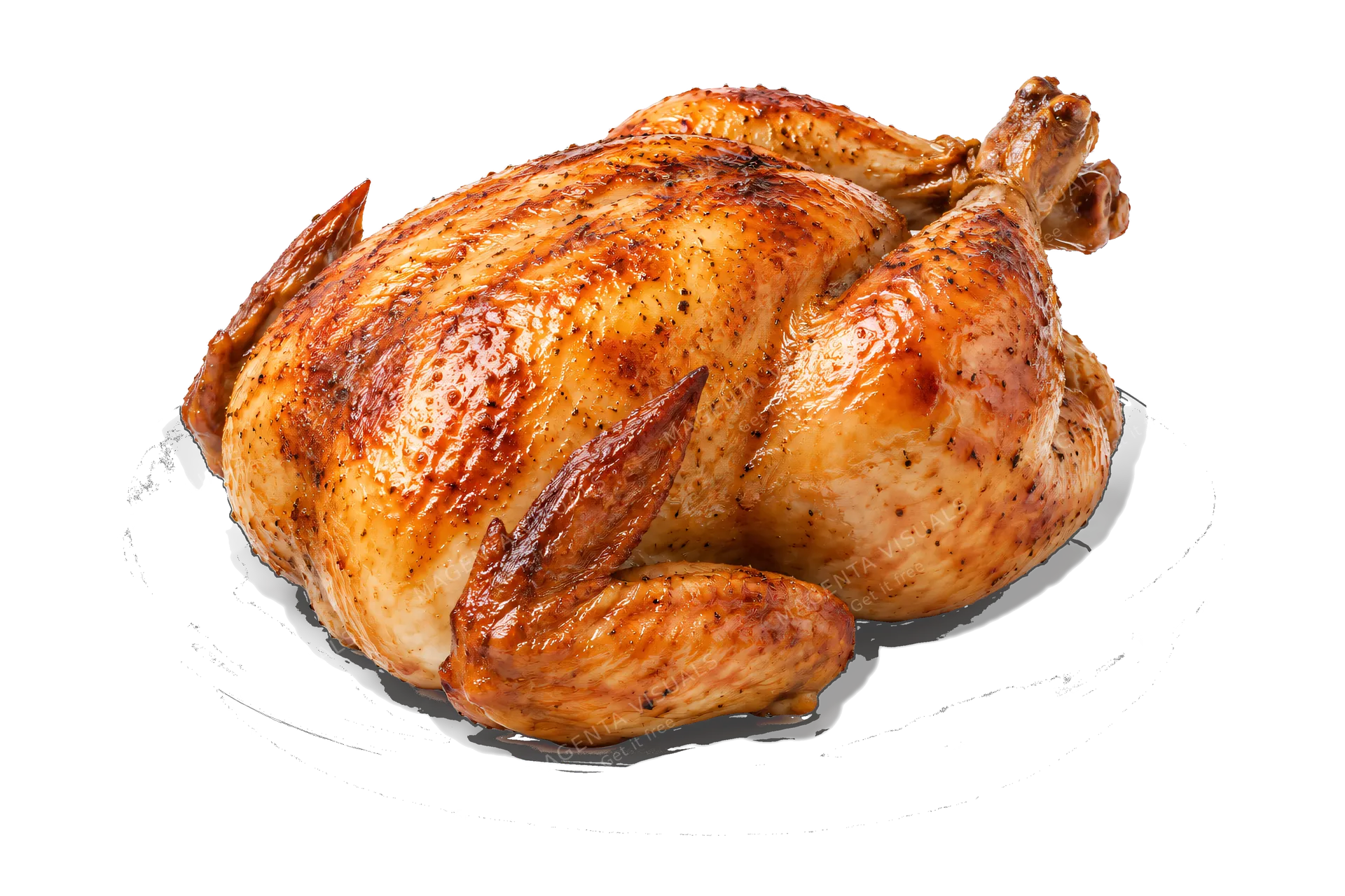 4K transparent cutout of product photography of a single perfectly roasted whole chicken, golden brown crispy skin, resting on a simple white ceramic plate, isolated object, entire subject visible, center…