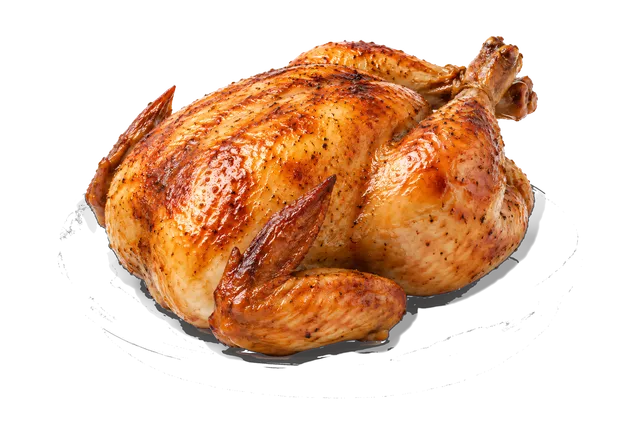 4K transparent cutout of product photography of a single perfectly roasted whole chicken, golden brown crispy skin, resting on a simple white ceramic plate, isolated object, entire subject visible, center…