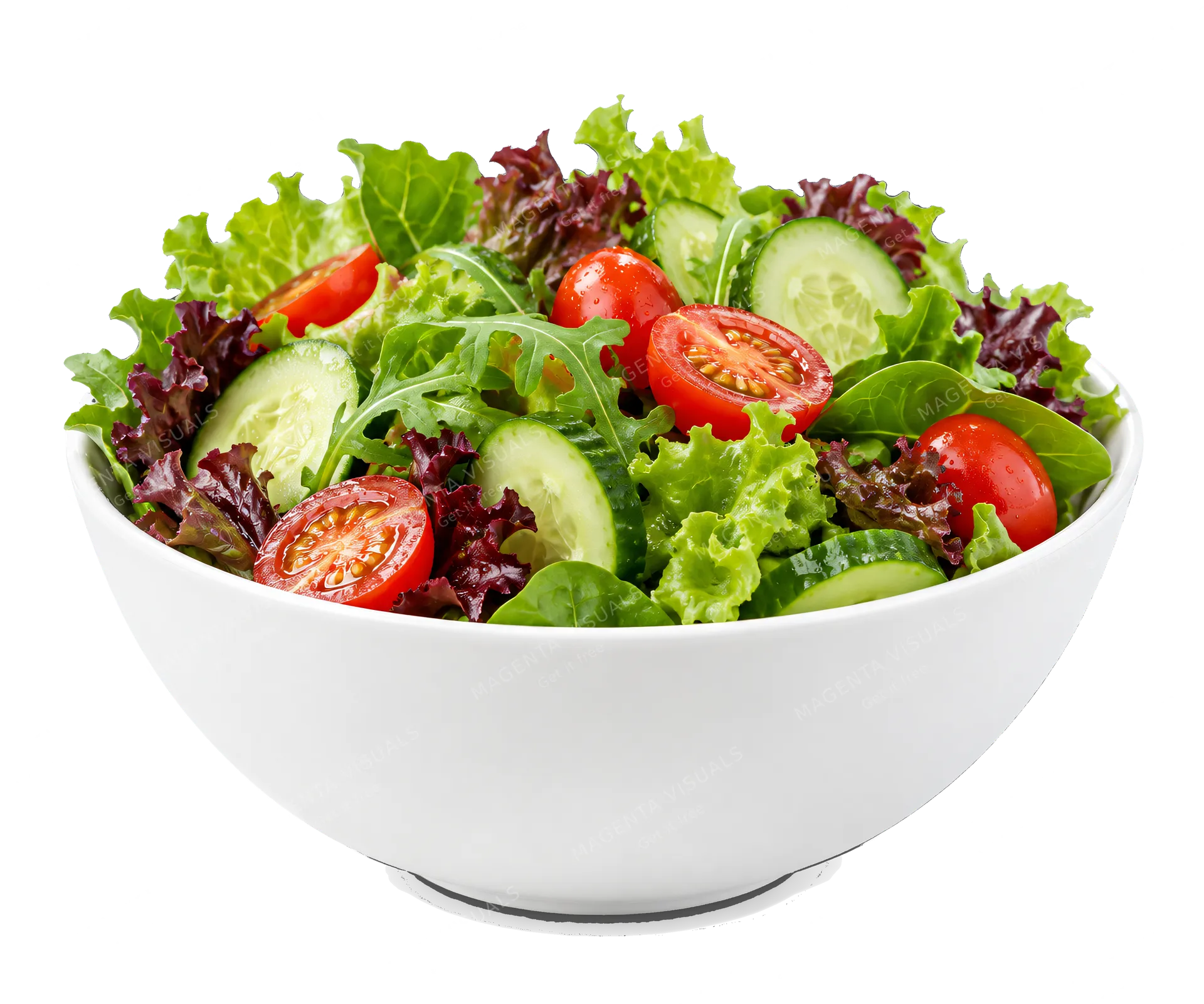 4K transparent cutout of product photography of a single fresh garden salad with mixed greens, cherry tomatoes, and cucumber slices served in a simple white bowl, isolated object, entire subject visible,…