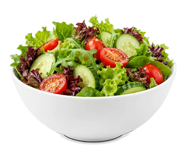 4K transparent cutout of product photography of a single fresh garden salad with mixed greens, cherry tomatoes, and cucumber slices served in a simple white bowl, isolated object, entire subject visible,…