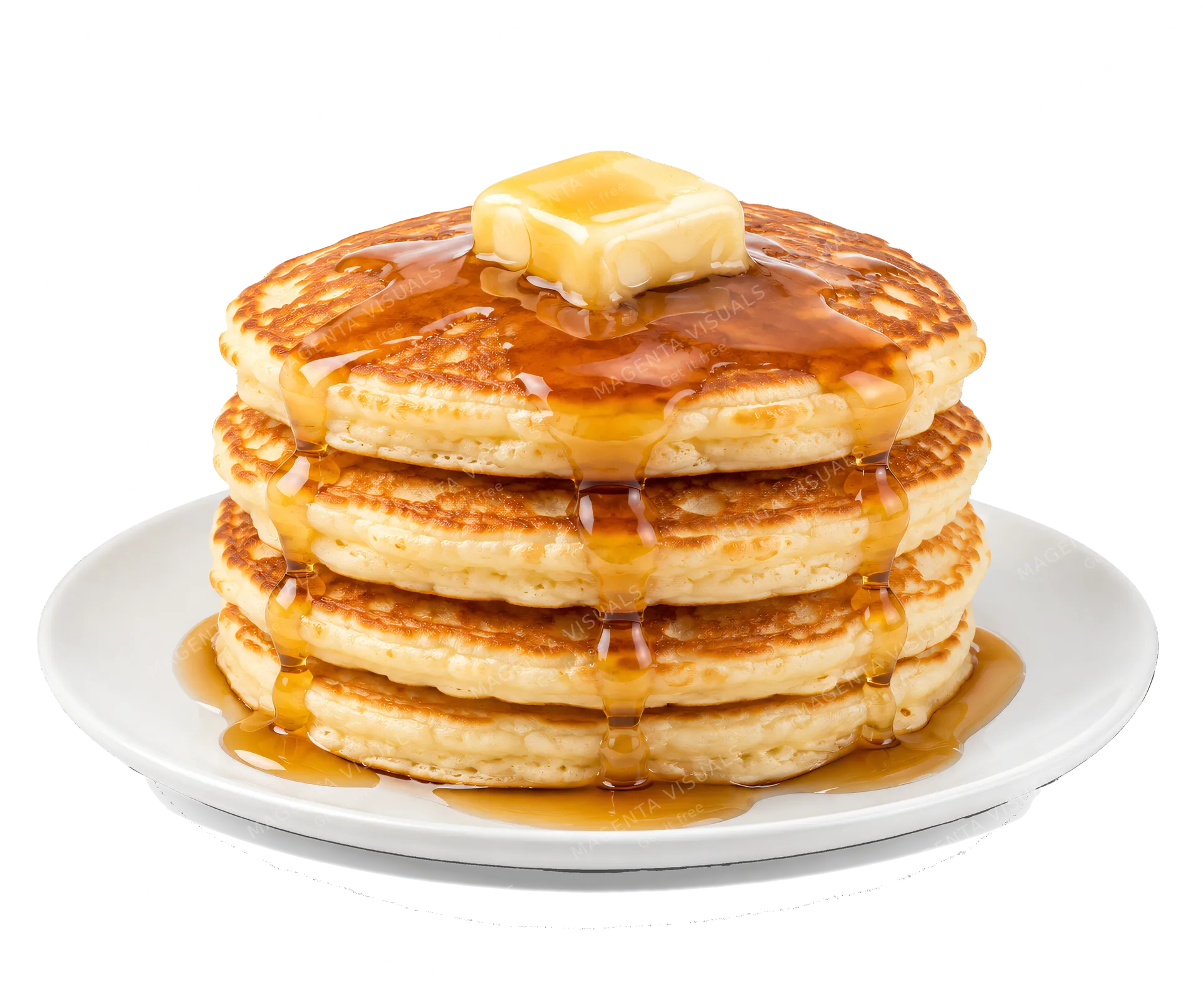 4K transparent cutout of product photography of a single stack of fluffy golden-brown pancakes drizzled with maple syrup and topped with a pat of butter, on a simple white plate, isolated object, entire s…