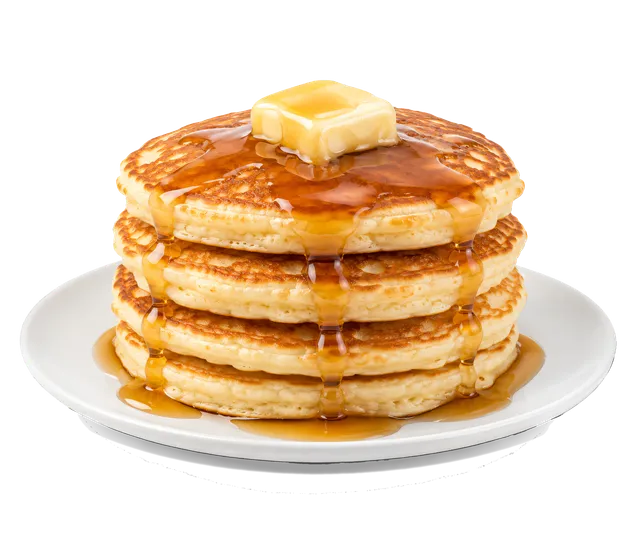 4K transparent cutout of product photography of a single stack of fluffy golden-brown pancakes drizzled with maple syrup and topped with a pat of butter, on a simple white plate, isolated object, entire s…
